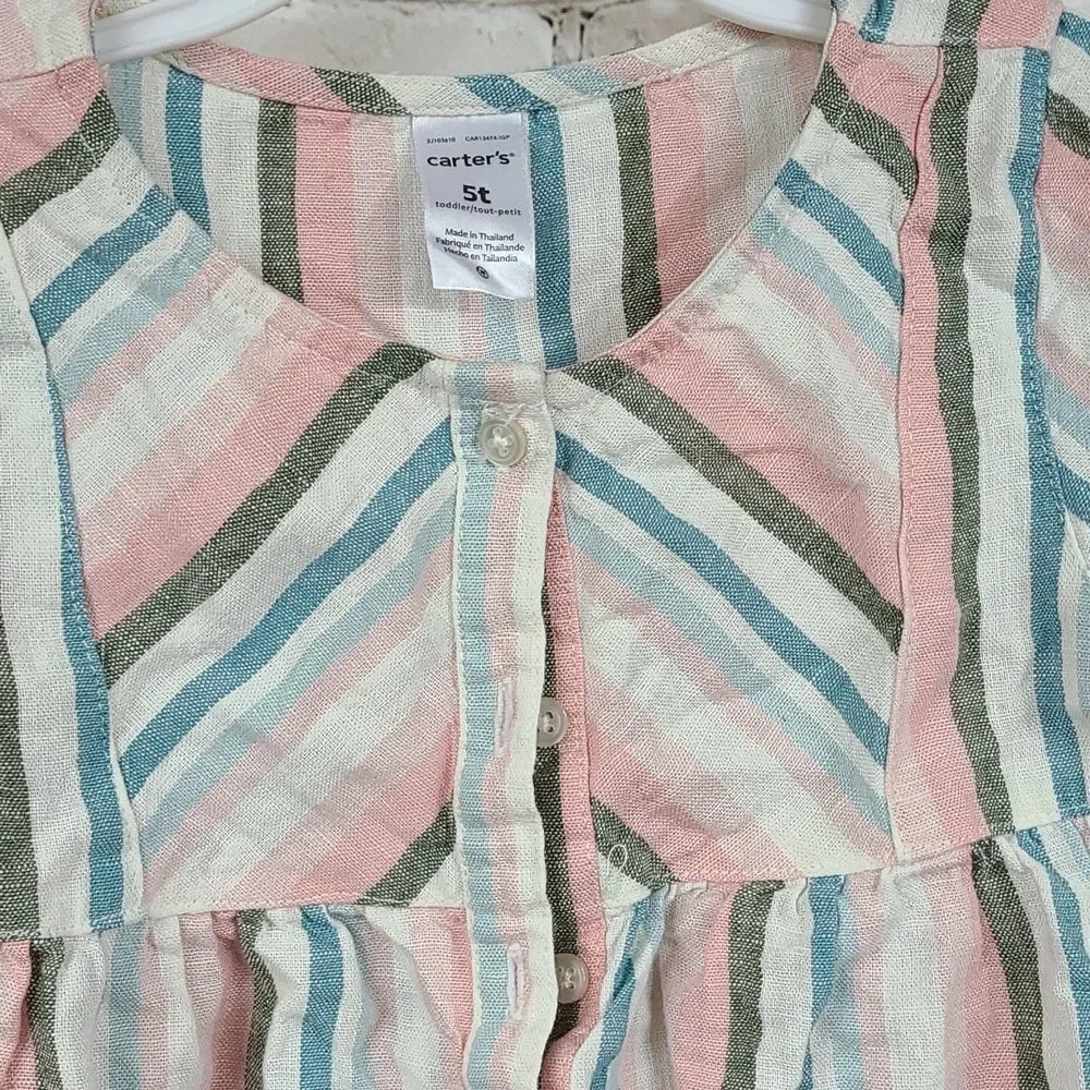 Carter's Girls 5T Linen Stripe Casual Top Long Sleeve Blouse Pink/Green/Blue